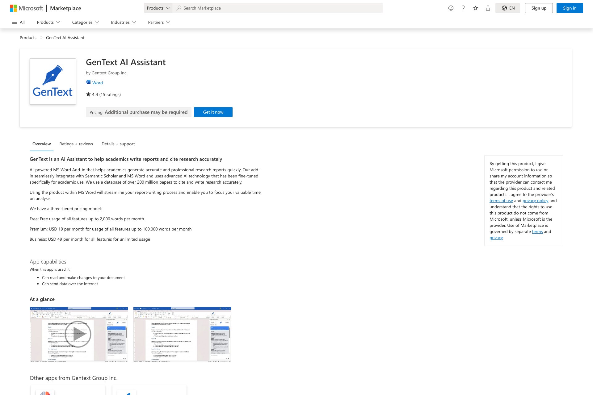 GenText AI Assistant for MS Word